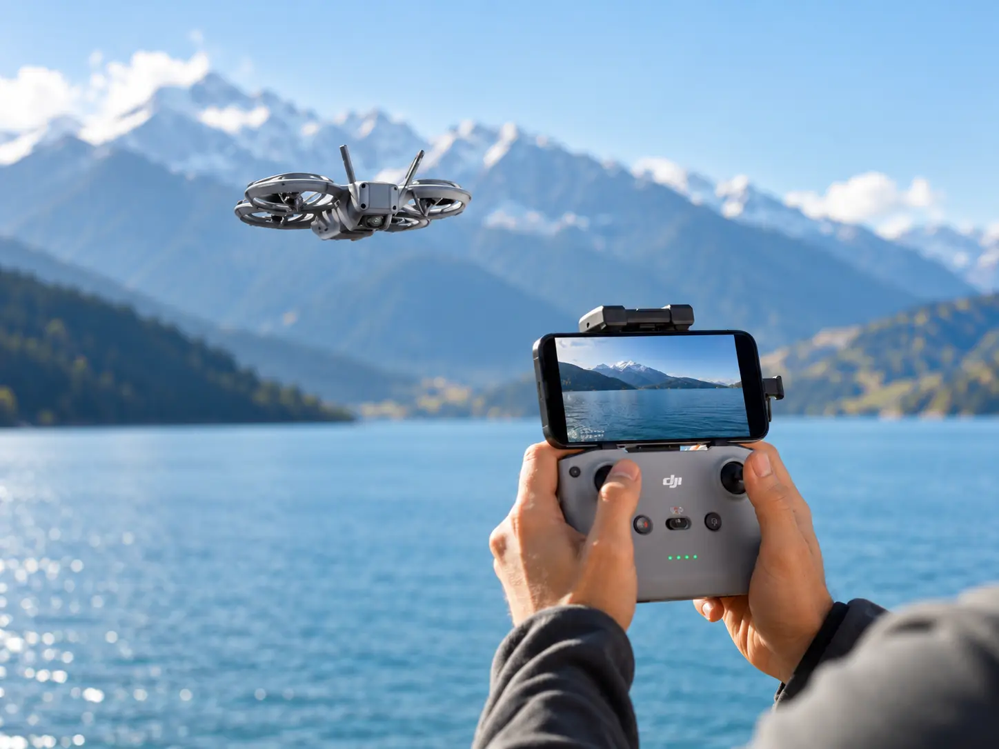 Drone em voo controlado por smartphone diante de um lago e montanhas