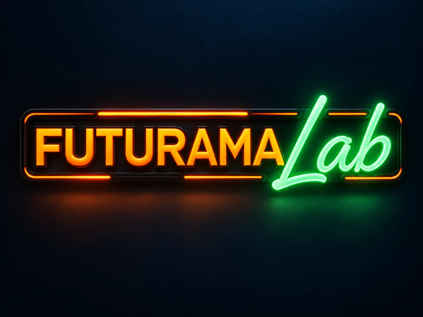 Logo oficial Futurama Lab em luzes laranja e verde