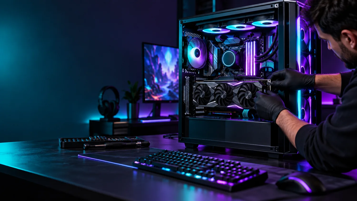 Ilustração de um computador gamer sendo montado, com componentes e iluminação colorida