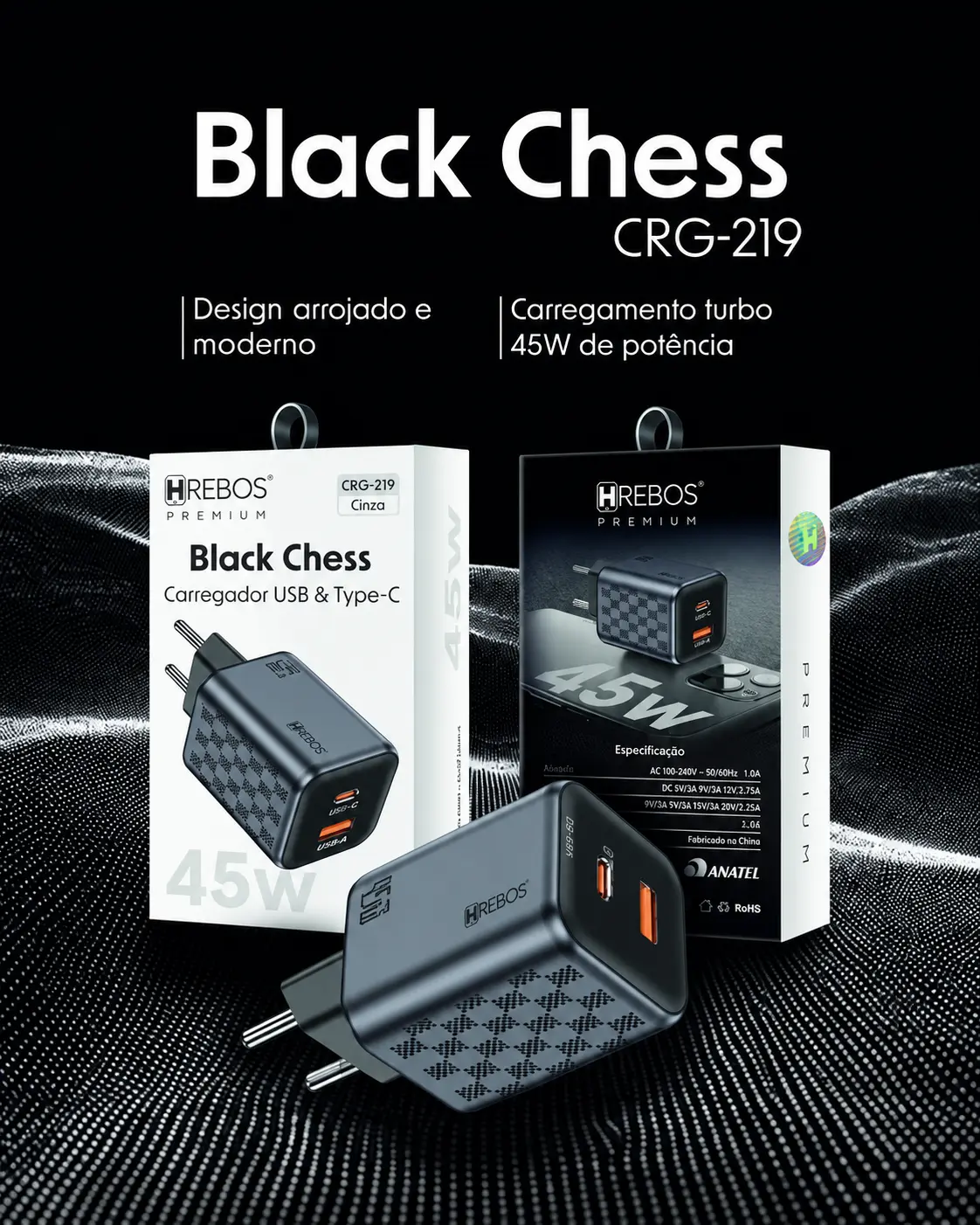 Carregador Hrebos Black Chess de 45 watts com suas embalagens