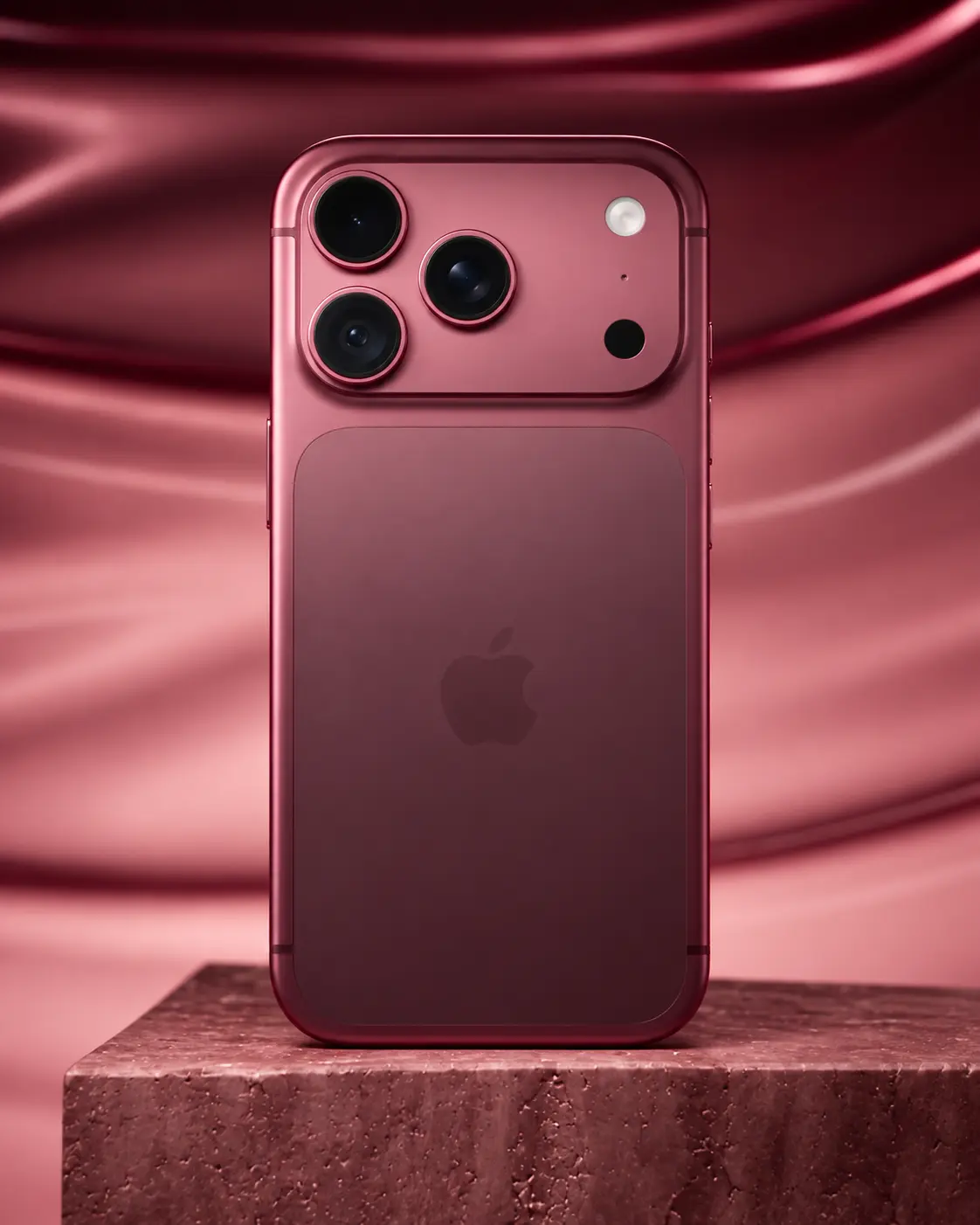 Smartphone Apple em acabamento bordô, apresentado de frente em imagem promocional