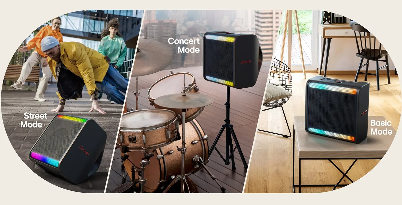 LG xboom Stage 301 em três formas de uso: inclinada, em pedestal e sobre uma mesa