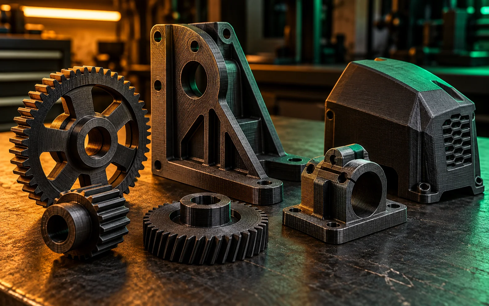 Conceito ilustrativo de engrenagens, suportes e proteções produzíveis por impressão 3D