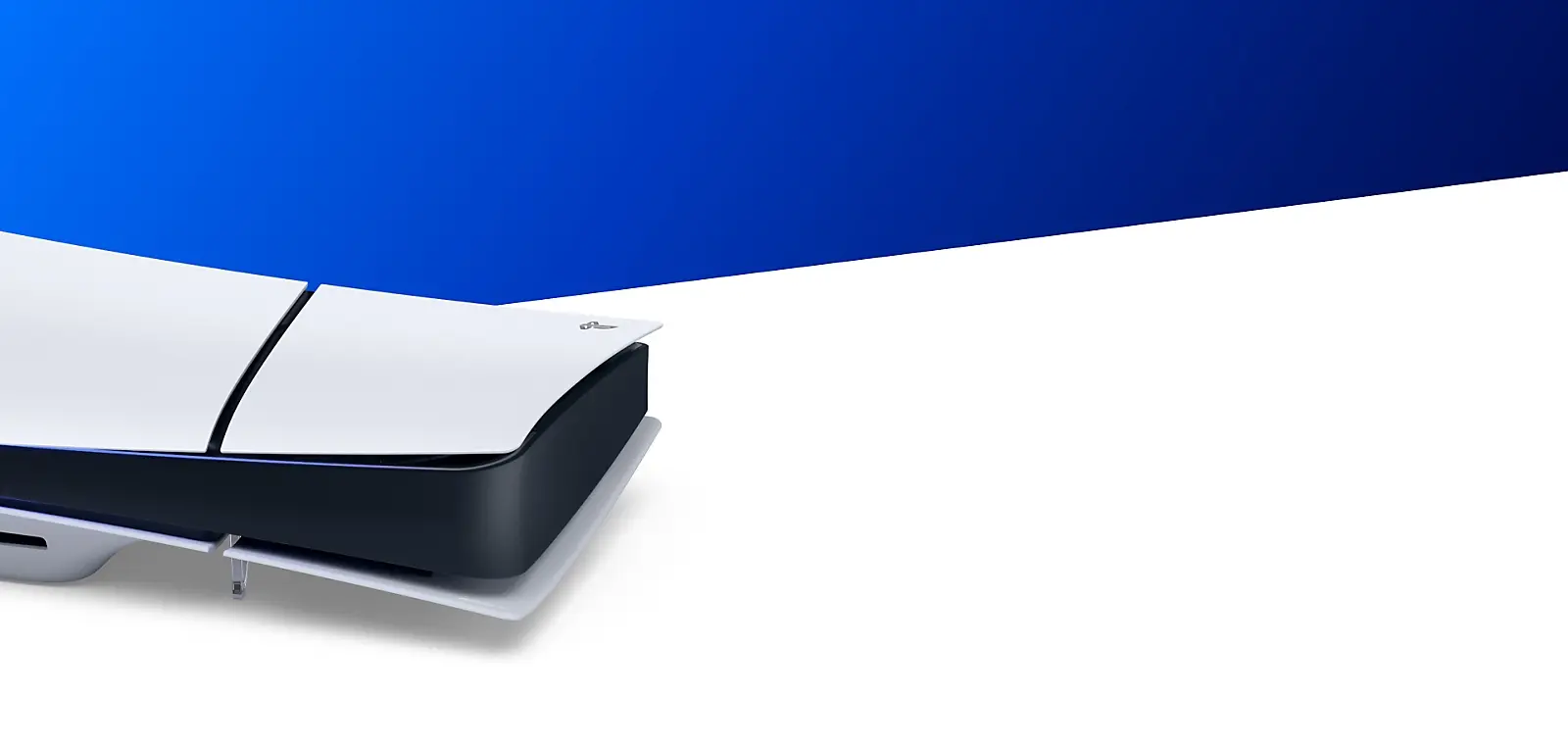 Console PlayStation 5 sobre fundo azul, imagem oficial PlayStation